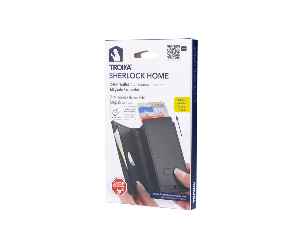 Troika Sherlock Home 2-in-1 wallet in its retail packaging, featuring a carbon textured wallet with removalble card case.