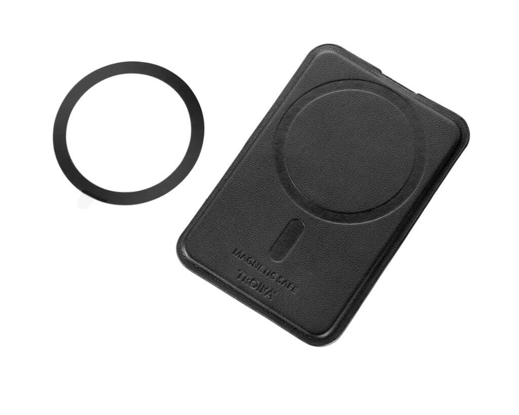 TROIKA MAGNETIC SAFE MagSafe card holder with space for 4 cards, cash or keys. Features a built-in phone stand and an additional adhesive metal ring.