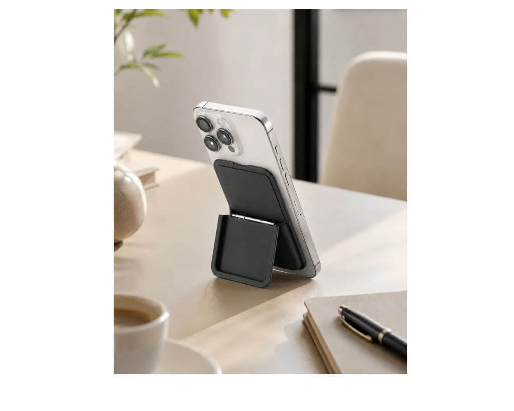 TROIKA MAGNETIC SAFE MagSafe card holder with space for 4 cards, cash or keys. Features a built-in phone stand and an additional adhesive metal ring.
