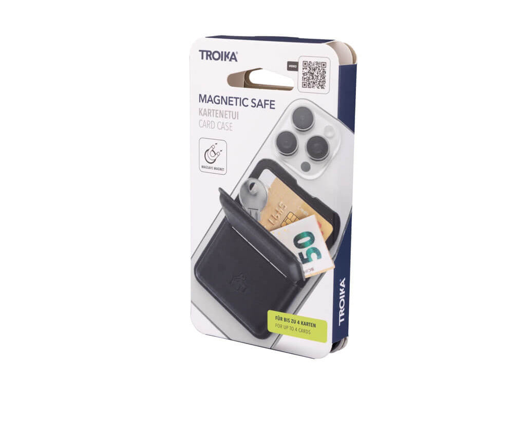 TROIKA MAGNETIC SAFE MagSafe card holder with space for 4 cards, cash or keys. Features a built-in phone stand and an additional adhesive metal ring.