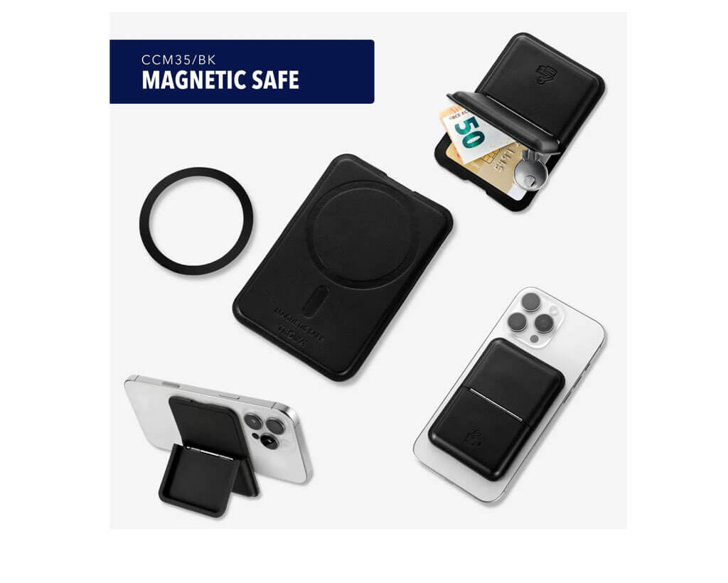 TROIKA MAGNETIC SAFE MagSafe card holder with space for 4 cards, cash or keys. Features a built-in phone stand and an additional adhesive metal ring.