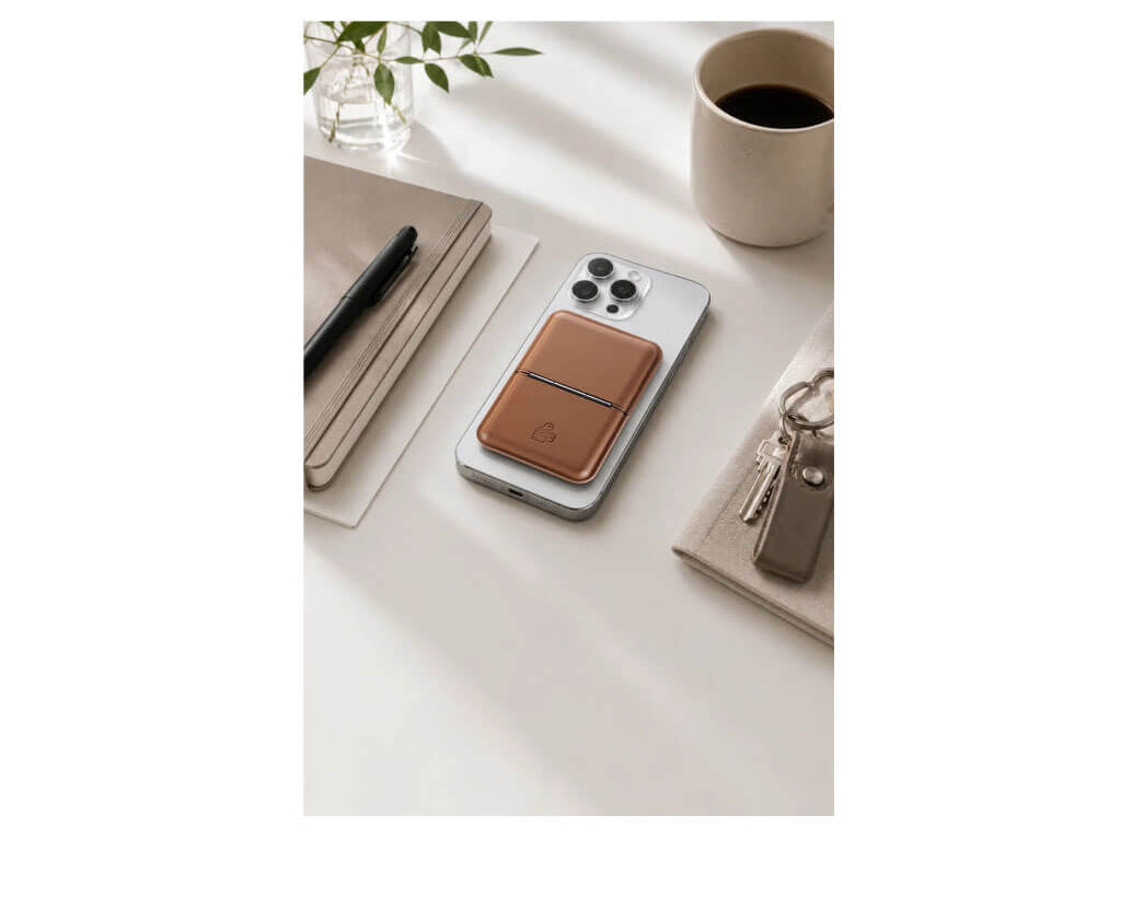 TROIKA MAGNETIC SAFE MagSafe card holder in brown with space for 4 cards, cash or keys. Features a built-in phone stand and adhesive metal ring.