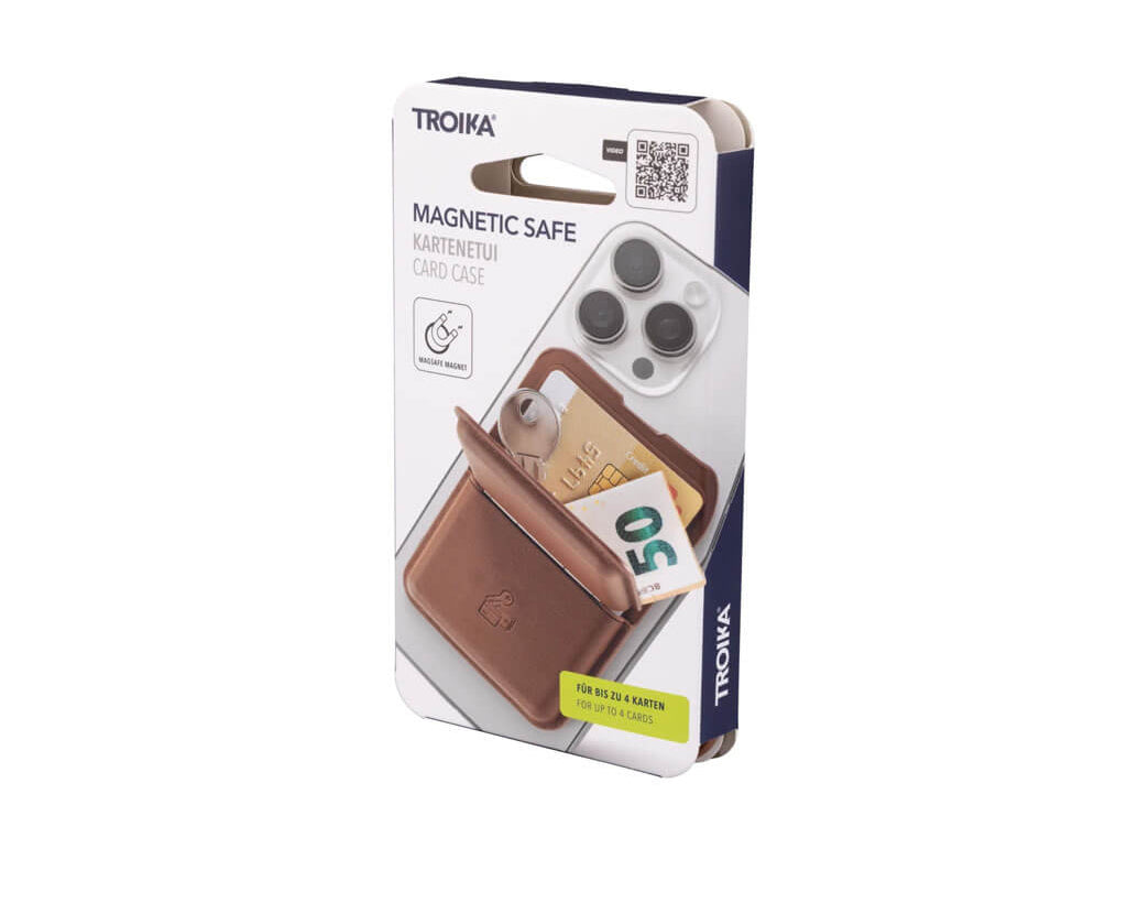 TROIKA MAGNETIC SAFE MagSafe card holder in brown with space for 4 cards, cash or keys. Features a built-in phone stand and adhesive metal ring.