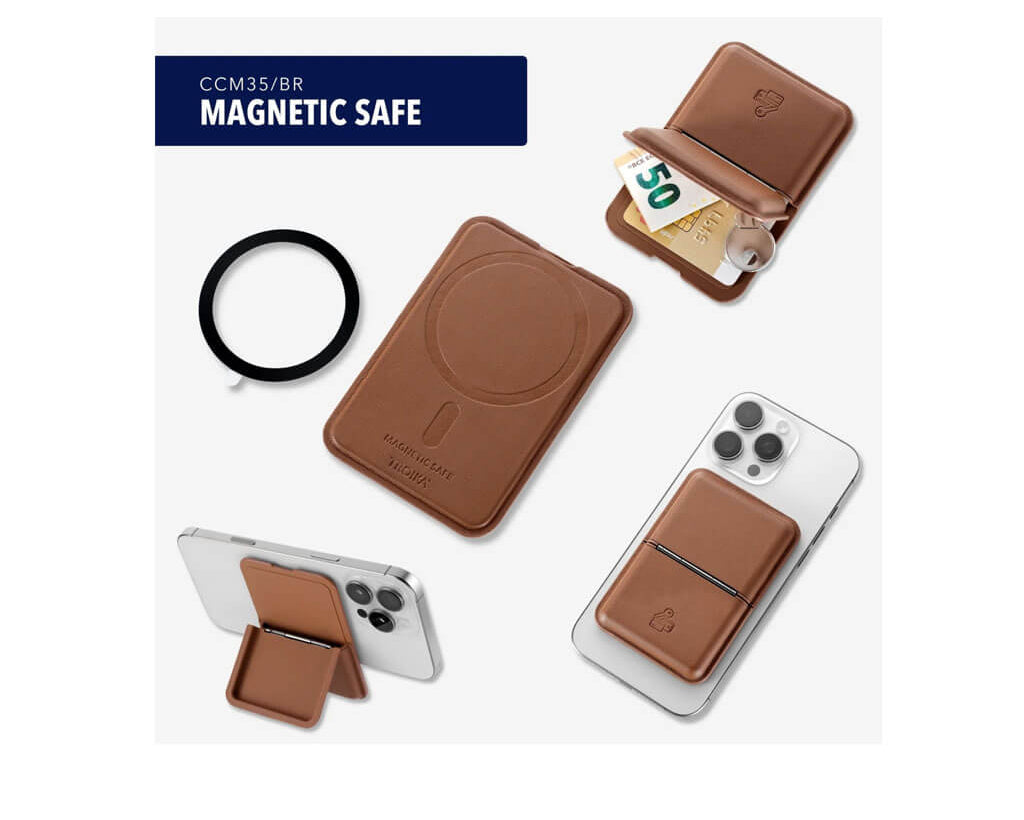 TROIKA MAGNETIC SAFE MagSafe card holder in brown with space for 4 cards, cash or keys. Features a built-in phone stand and adhesive metal ring.