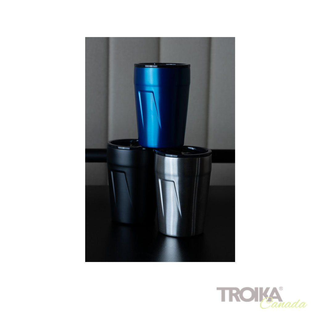 TROIKA CUP-UCCINO - view of 3 mugs in blue, black and silver showing modern design 
