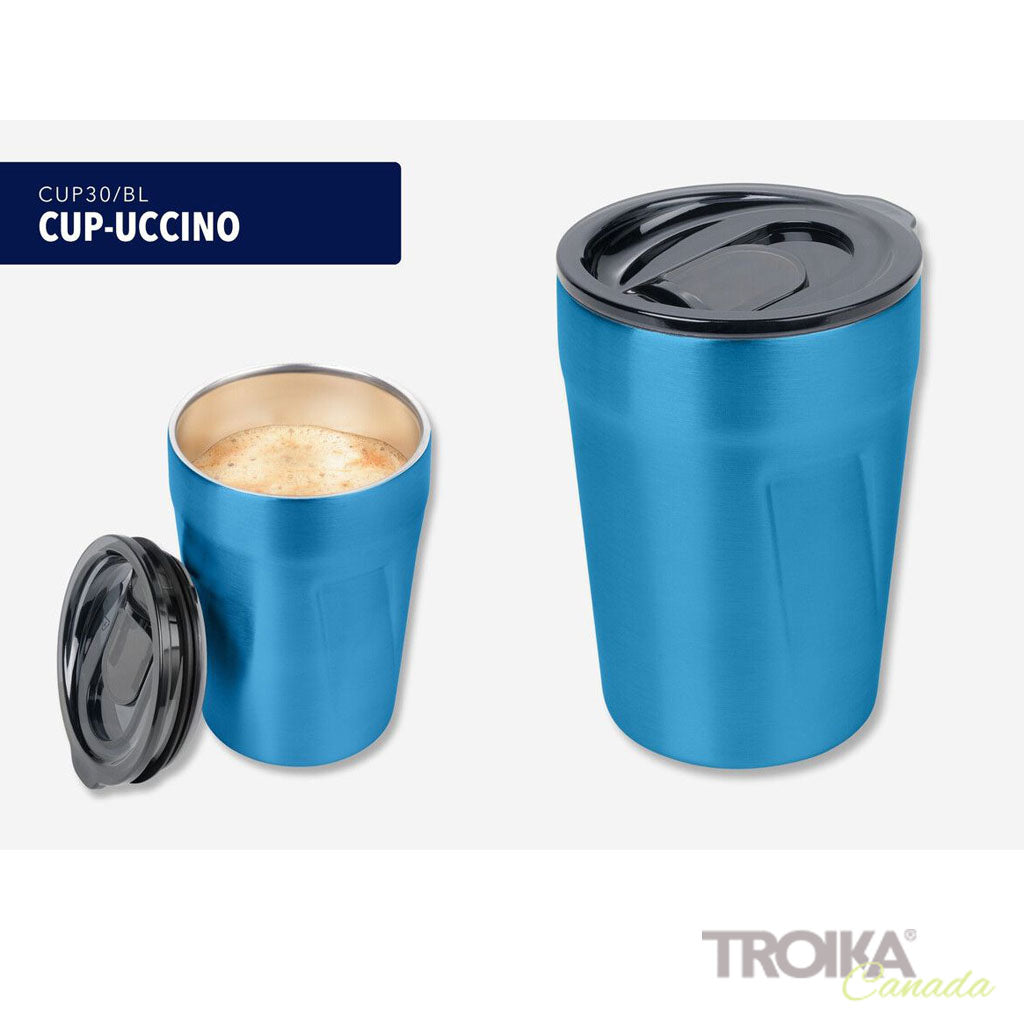 TROIKA CUP-UCCINO blue - shot with open lid and coffee inside