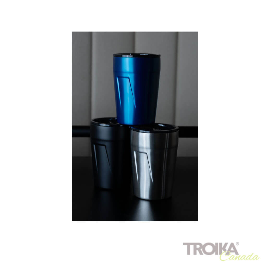TROIKA CUP-UCCINO - view of 3 mugs in blue, black and silver showing modern design 