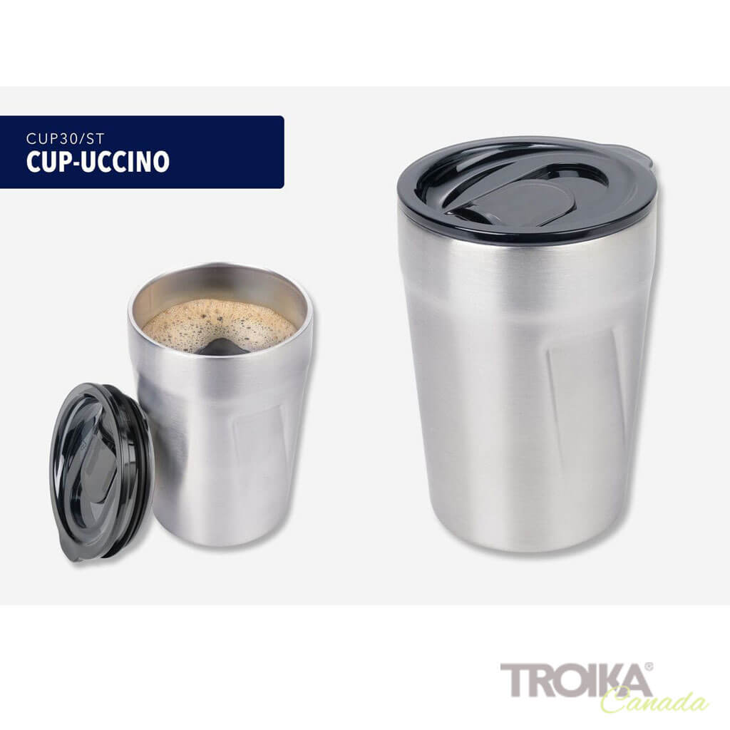 TROIKA CUP-UCCINO silver - shot with open lid and coffee inside