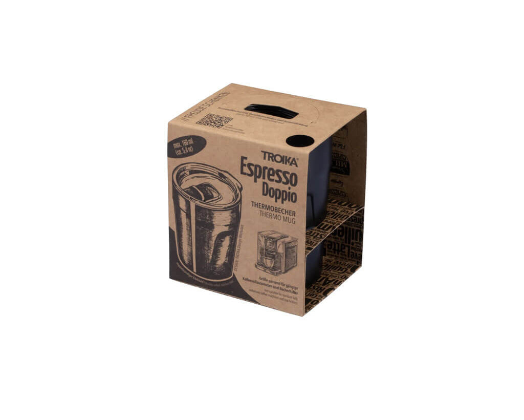 TROIKA ESPRESSO DOPPIO - Thermal cup in matte black. Double-wall insulation, spill-resistant lid and 75% recycled stainless steel for coffee on the go.