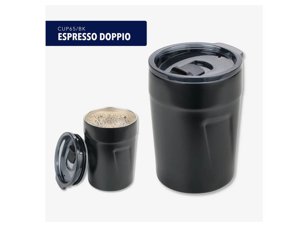 TROIKA ESPRESSO DOPPIO - Thermal cup in matte black. Double-wall insulation, spill-resistant lid and 75% recycled stainless steel for coffee on the go.