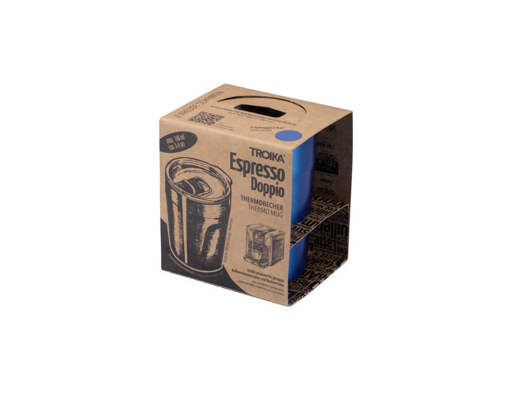 TROIKA ESPRESSO DOPPIO 160 ml thermal cup in blue. Double-wall insulation, spill-resistant lid and 75% recycled stainless steel for coffee on the go.