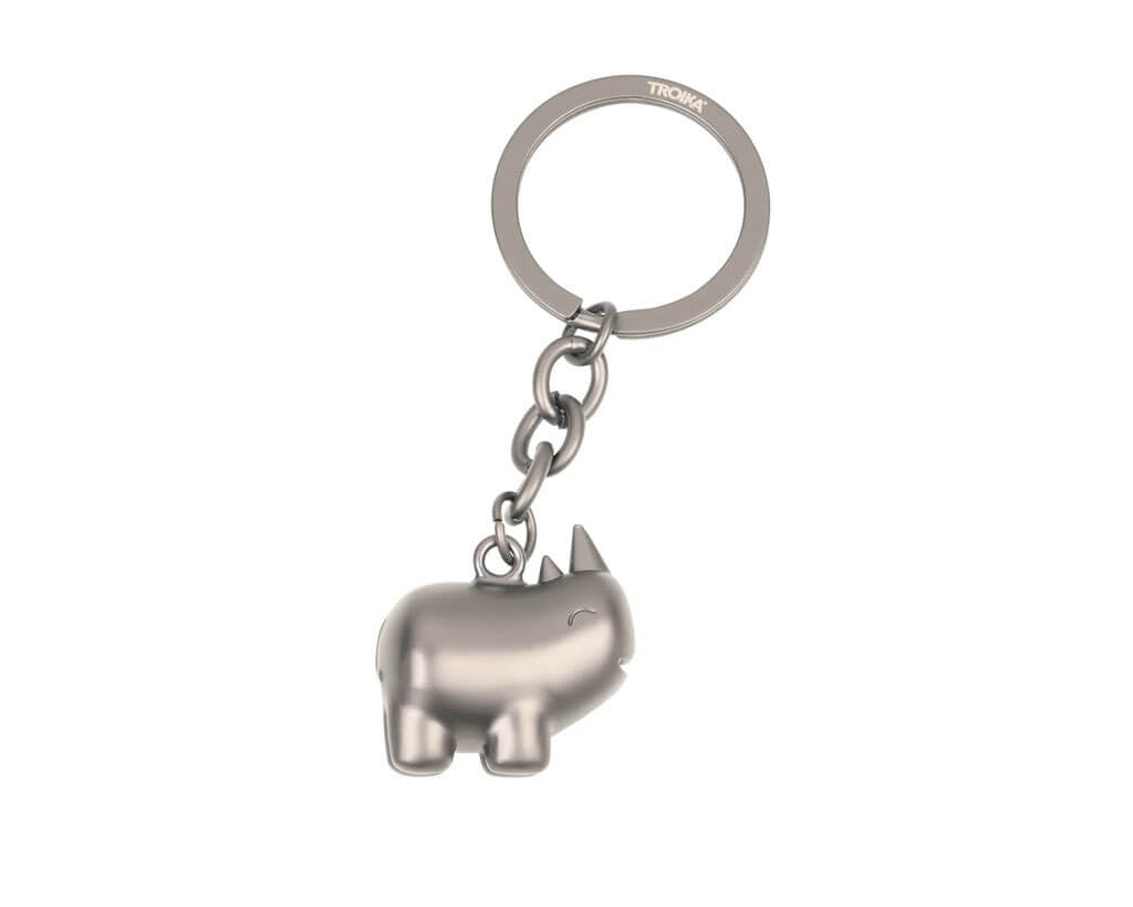 TROIKA HAPPY RHINO keyring featuring a cute rhinoceros design in matt gunmetal chrome-plated metal. A cheerful accessory and gift with personality.