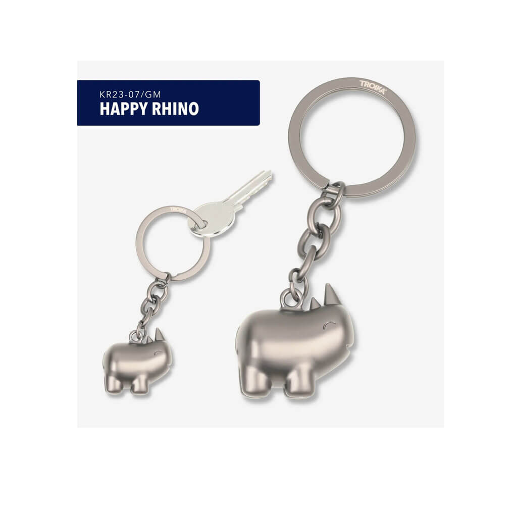 TROIKA HAPPY RHINO keyring featuring a cute rhinoceros design in matt gunmetal chrome-plated metal. A cheerful accessory and gift with personality.