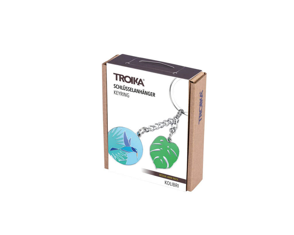 TROIKA KOLIBRI keyring with colourful hummingbird and monstera leaf charms in blue, turquoise and green enamel. A nature-inspired accessory full of charm.