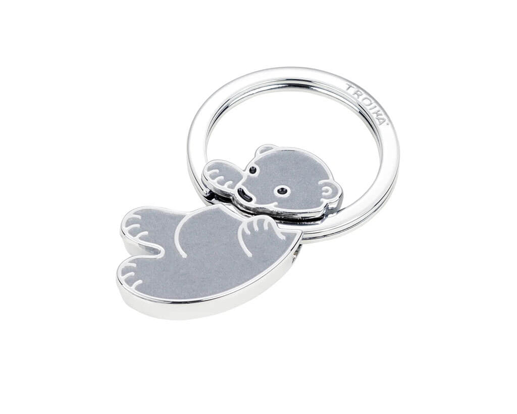 TROIKA KOALA BABY keyring featuring an adorable grey koala with a tactile fur-effect surface and shiny chrome-plated finish. A cute gift for animal lovers.