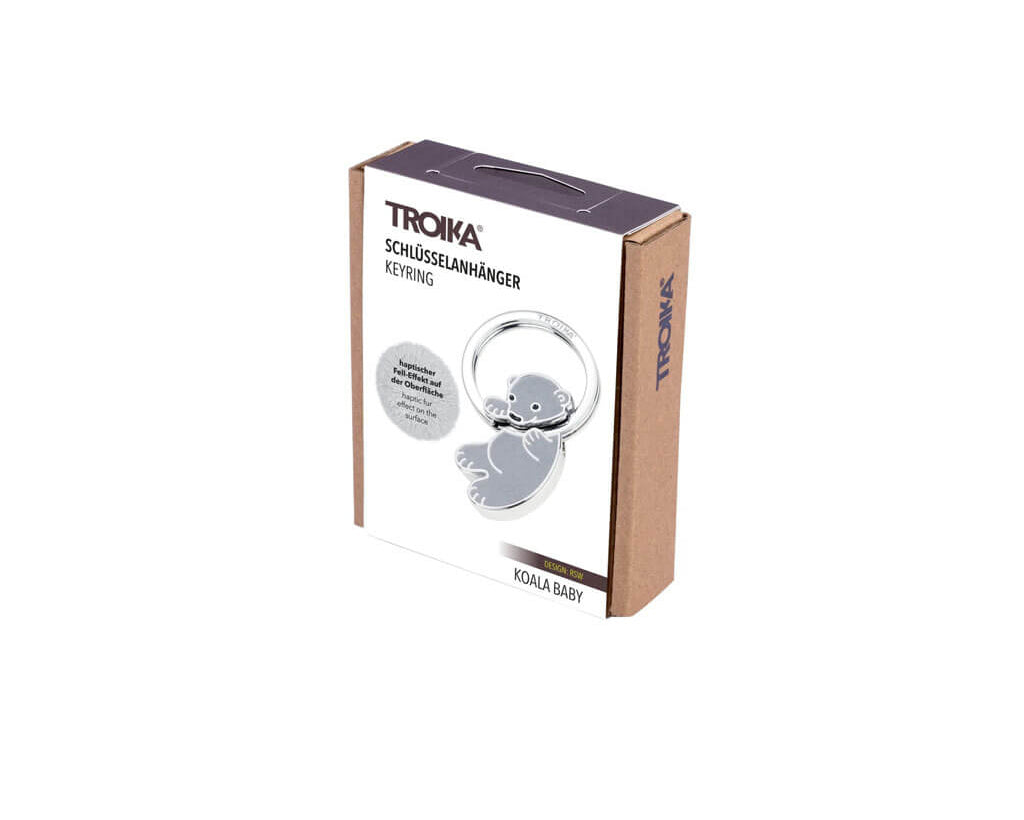 TROIKA KOALA BABY keyring featuring an adorable grey koala with a tactile fur-effect surface and shiny chrome-plated finish. A cute gift for animal lovers.