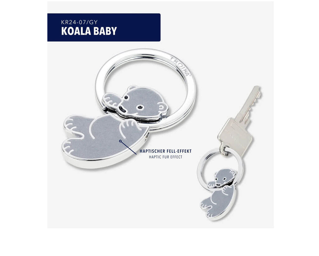 TROIKA KOALA BABY keyring featuring an adorable grey koala with a tactile fur-effect surface and shiny chrome-plated finish. A cute gift for animal lovers.