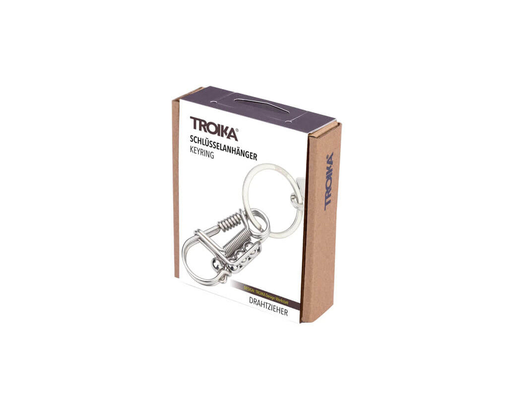 TROIKA DRAHTZIEHER keyring and carabiner made from durable 316 stainless steel. Features a practical spring mechanism and a sleek matt silver finish.