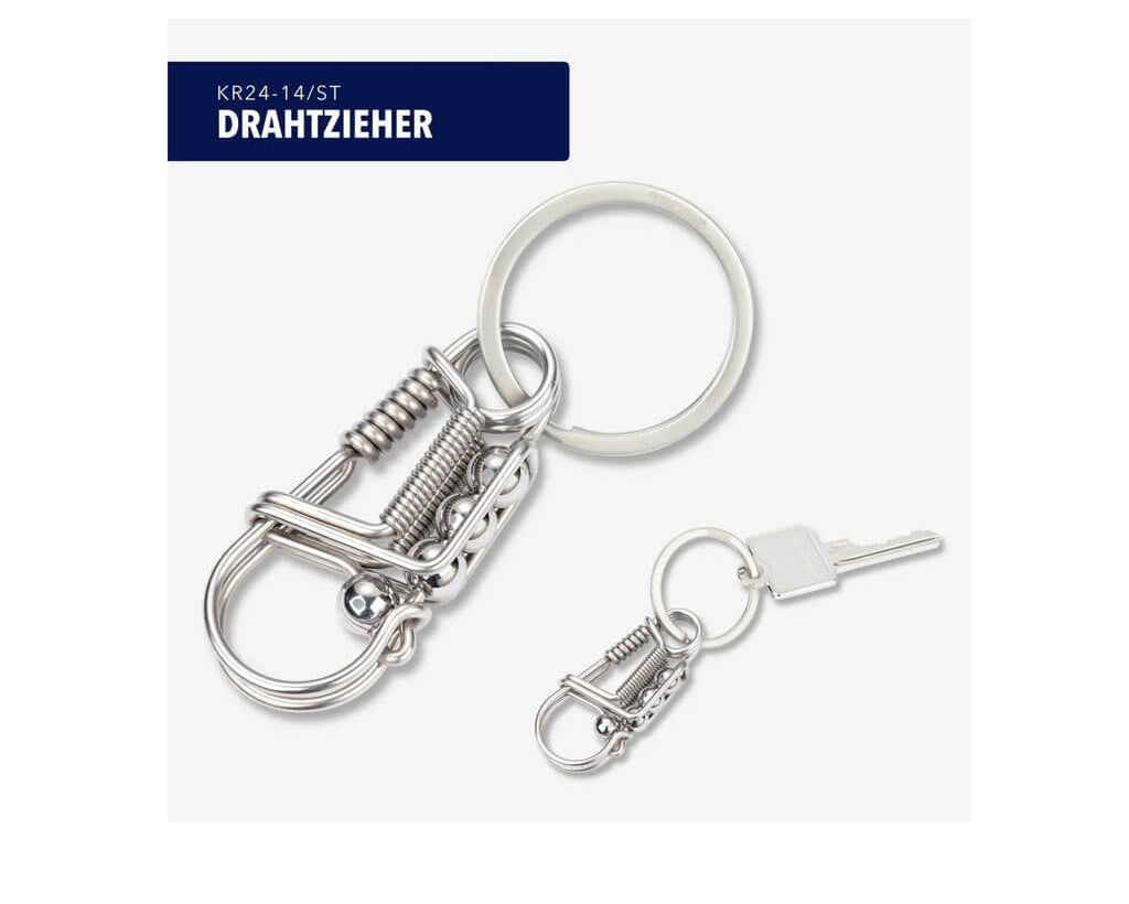 TROIKA DRAHTZIEHER keyring and carabiner made from durable 316 stainless steel. Features a practical spring mechanism and a sleek matt silver finish.