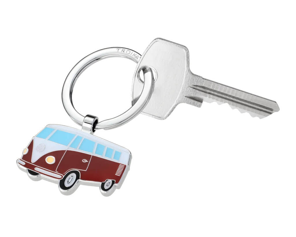 TROIKA VW BULLI T1 keyring in vibrant red, featuring the iconic Volkswagen van in shiny chrome-plated metal with enamel details. A perfect gift for VW fans.