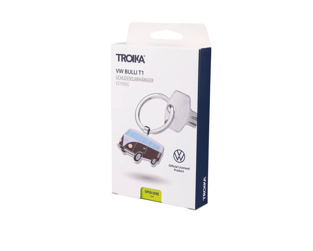 TROIKA VW BULLI T1 keyring in vibrant red, featuring the iconic Volkswagen van in shiny chrome-plated metal with enamel details. A perfect gift for VW fans.