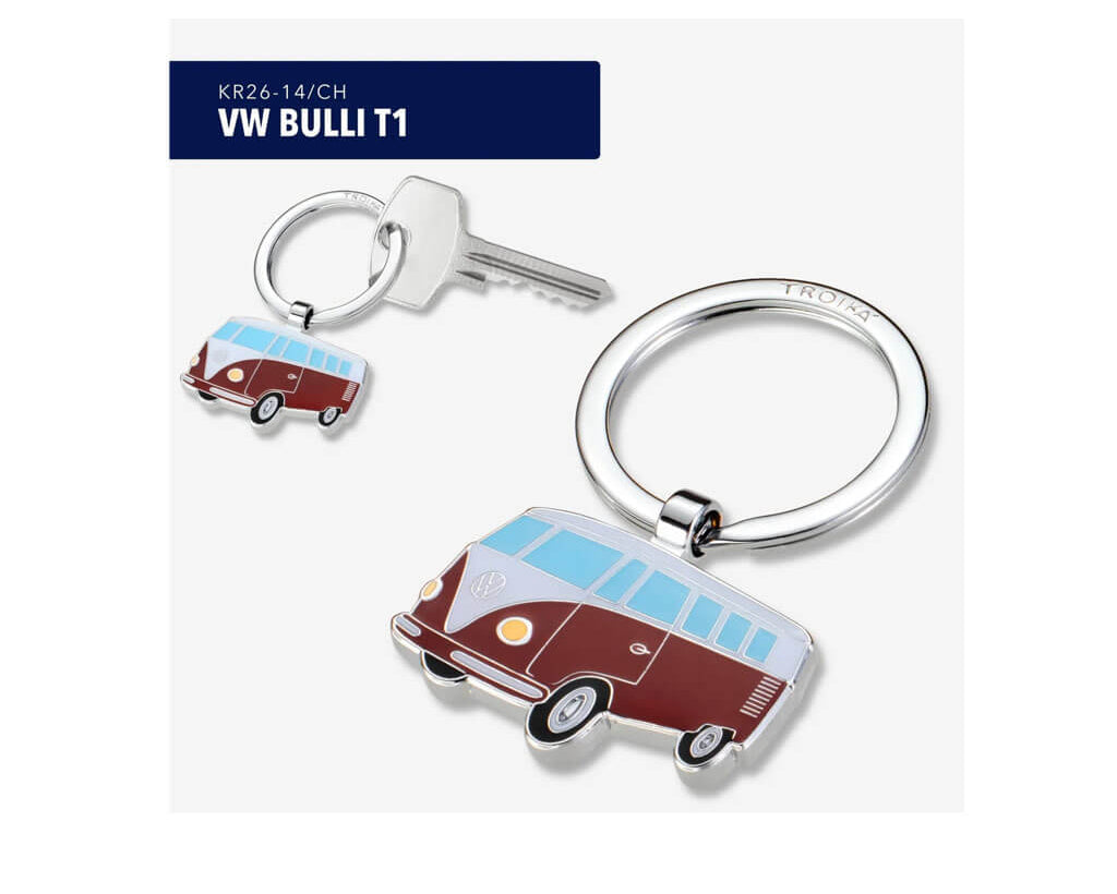 TROIKA VW BULLI T1 keyring in vibrant red, featuring the iconic Volkswagen van in shiny chrome-plated metal with enamel details. A perfect gift for VW fans.