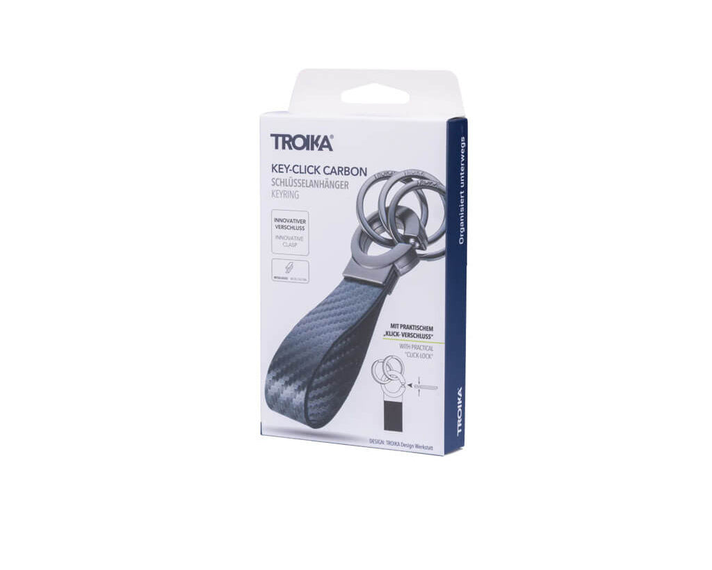 TROIKA KEYCLICK keyring with smart click fastener, carbon-look faux leather loop and 3 separate keyrings. Stylish gunmetal finish for everyday organization.