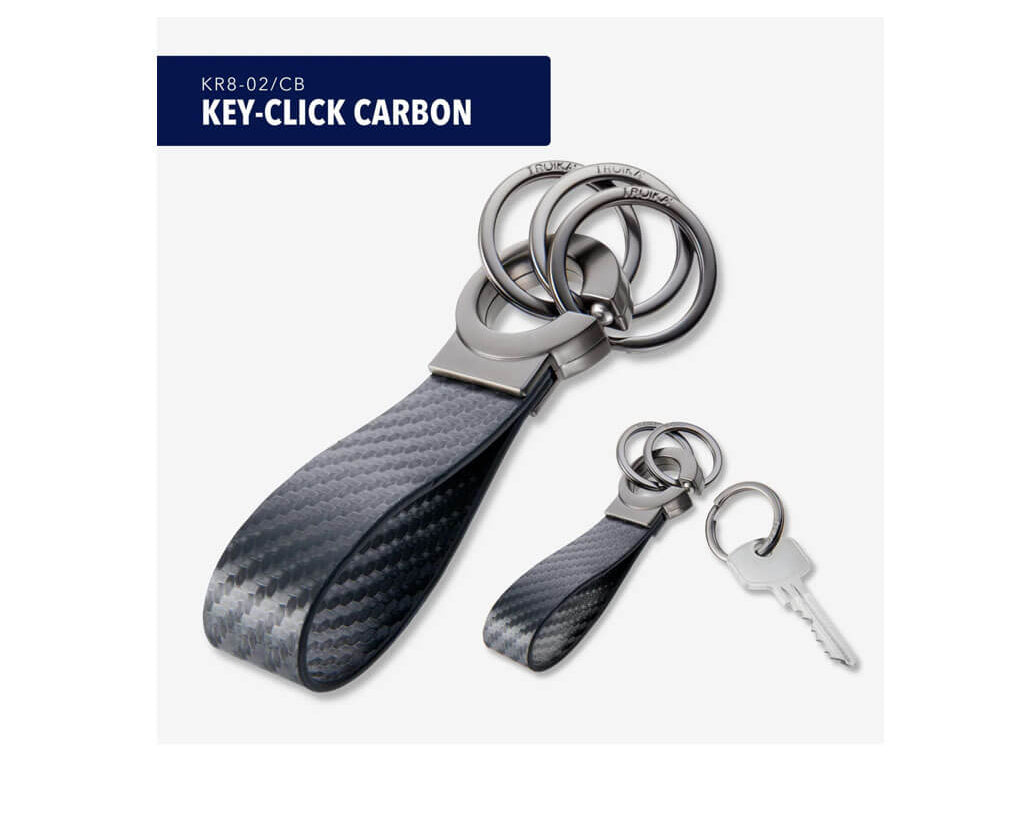 TROIKA KEYCLICK keyring with smart click fastener, carbon-look faux leather loop and 3 separate keyrings. Stylish gunmetal finish for everyday organization.