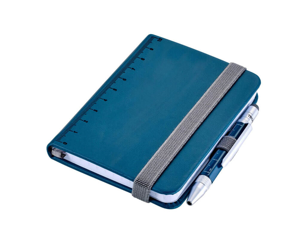 TROIKA LILIPAD + LILIPUT TOOL PEN set with A7 dot-grid notebook, multitasking ballpoint pen, ruler, pen loop and FSC-certified paper in petrol blue.