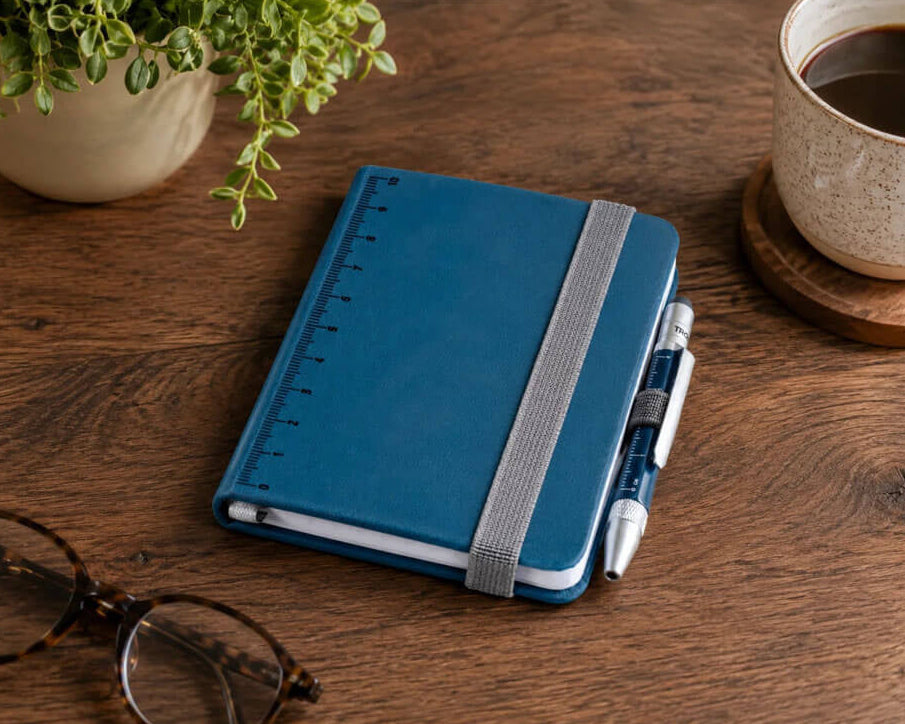 TROIKA LILIPAD + LILIPUT TOOL PEN set with A7 dot-grid notebook, multitasking ballpoint pen, ruler, pen loop and FSC-certified paper in petrol blue.