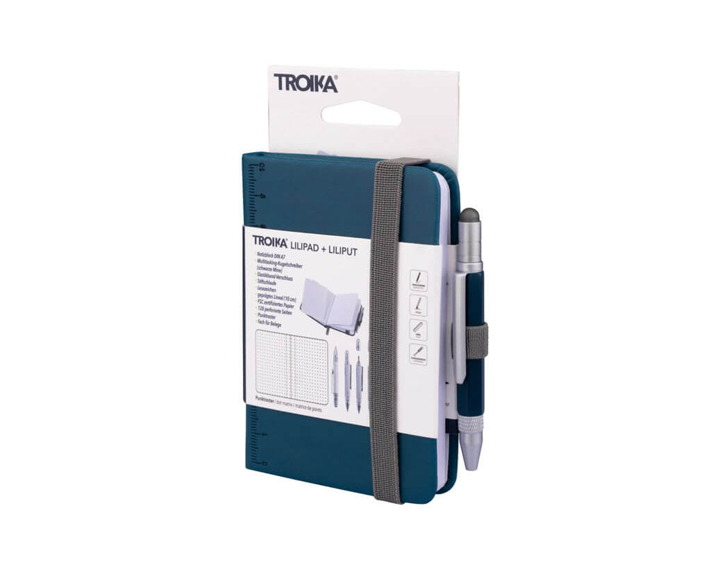TROIKA LILIPAD + LILIPUT TOOL PEN set with A7 dot-grid notebook, multitasking ballpoint pen, ruler, pen loop and FSC-certified paper in petrol blue.
