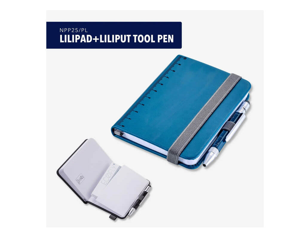 TROIKA LILIPAD + LILIPUT TOOL PEN set with A7 dot-grid notebook, multitasking ballpoint pen, ruler, pen loop and FSC-certified paper in petrol blue.
