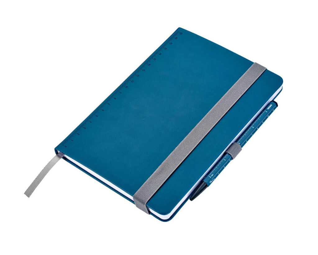 TROIKA SLIM PAD A5 notebook set with CONSTRUCTION BASIC ballpoint pen, dot-grid pages, 20 cm ruler and FSC-certified paper in matte petrol blue.