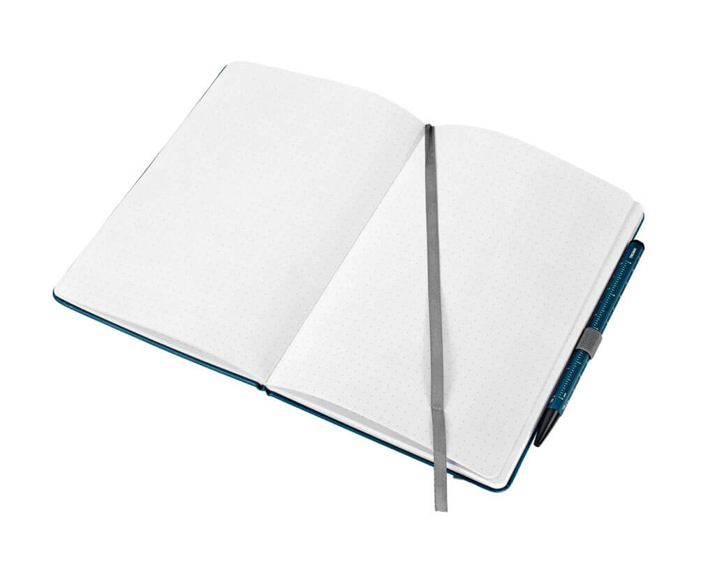 TROIKA SLIM PAD A5 notebook set with CONSTRUCTION BASIC ballpoint pen, dot-grid pages, 20 cm ruler and FSC-certified paper in matte petrol blue.