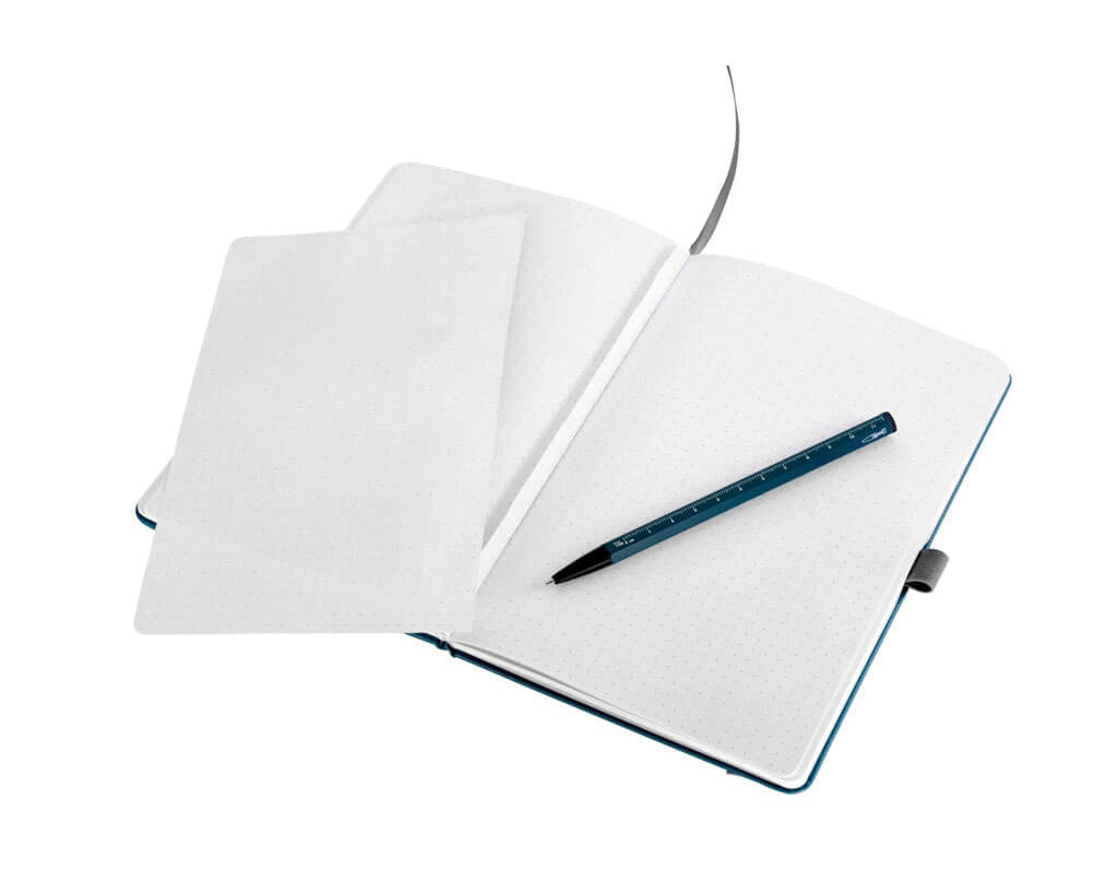 TROIKA SLIM PAD A5 notebook set with CONSTRUCTION BASIC ballpoint pen, dot-grid pages, 20 cm ruler and FSC-certified paper in matte petrol blue.
