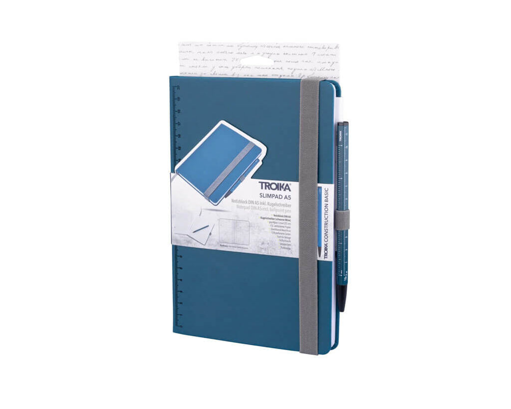 TROIKA SLIM PAD A5 notebook set with CONSTRUCTION BASIC ballpoint pen, dot-grid pages, 20 cm ruler and FSC-certified paper in matte petrol blue.