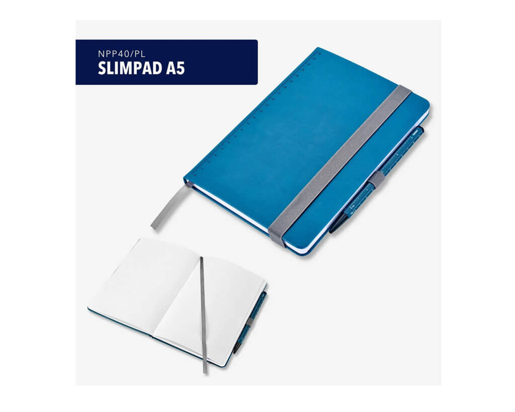 TROIKA SLIM PAD A5 notebook set with CONSTRUCTION BASIC ballpoint pen, dot-grid pages, 20 cm ruler and FSC-certified paper in matte petrol blue.