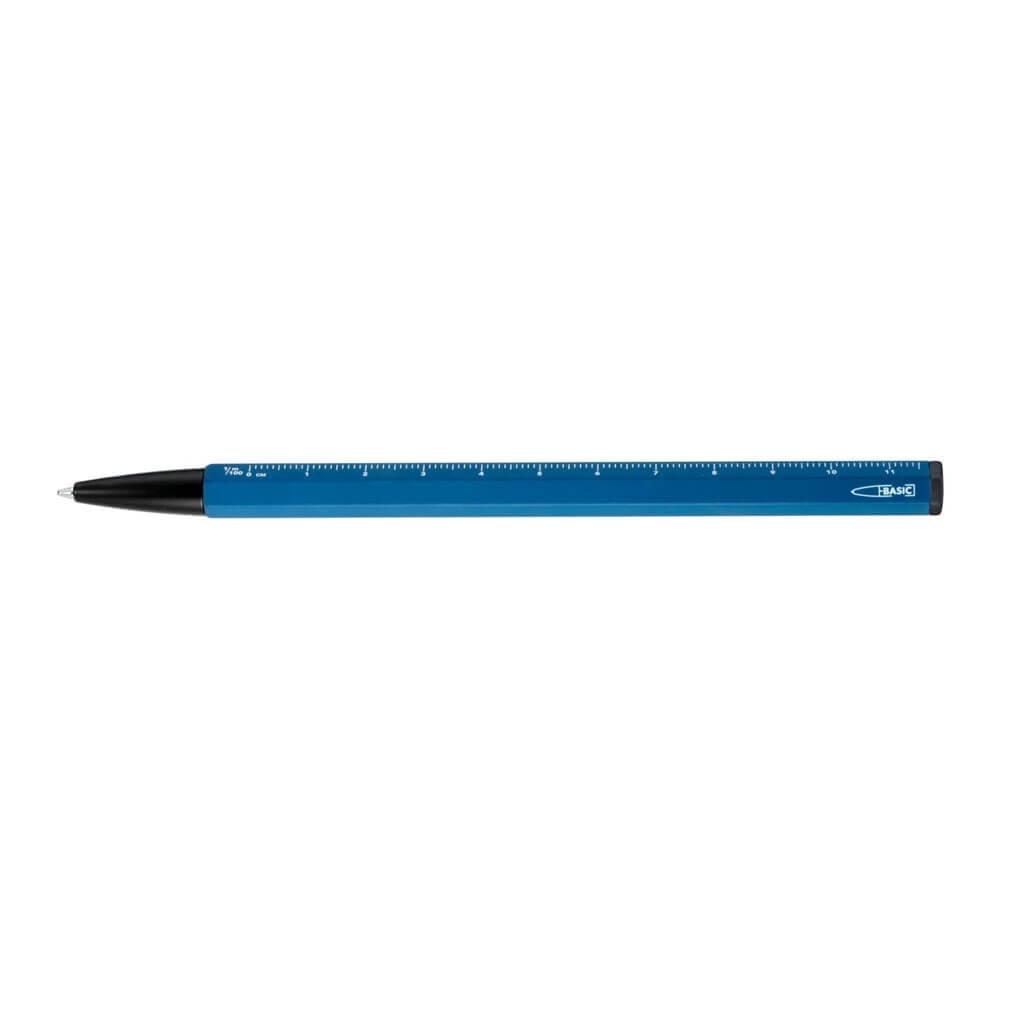 TROIKA CONSTRUCTION BASIC multitasking ballpoint pen with black D1 refill, centimetre/inch ruler and 1:20 and 1:50 scales in shiny black and petrol blue.