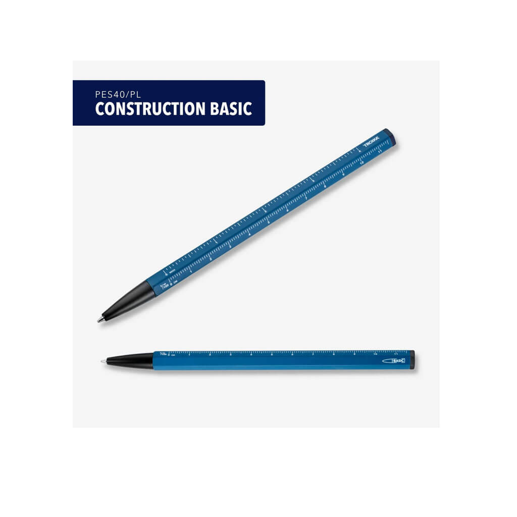 TROIKA CONSTRUCTION BASIC multitasking ballpoint pen with black D1 refill, centimetre/inch ruler and 1:20 and 1:50 scales in shiny black and petrol blue.