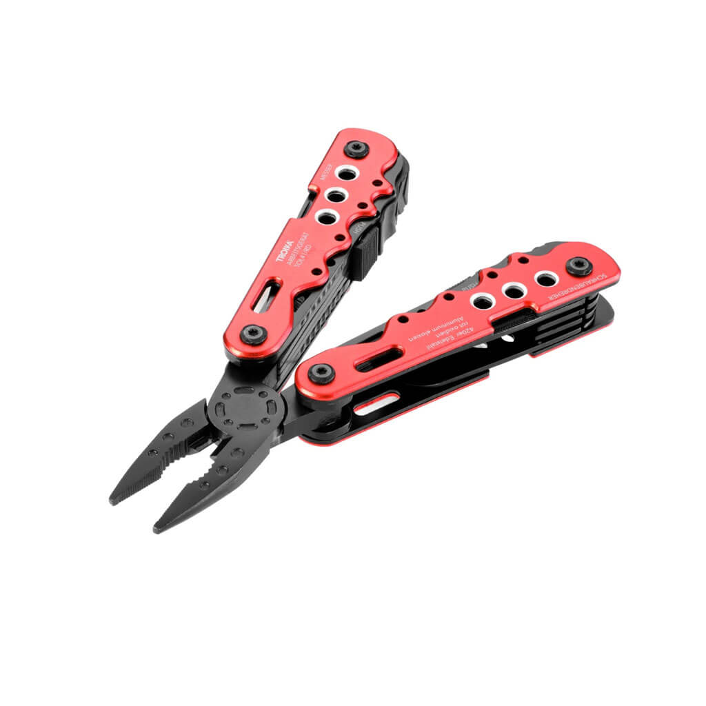 TROIKA ARBEITSGERÄT multitool with 13 functions, including pliers, knife, saw and screwdrivers. Stainless steel and aluminium with nylon belt pouch.