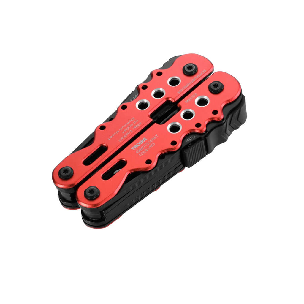 TROIKA ARBEITSGERÄT multitool with 13 functions, including pliers, knife, saw and screwdrivers. Stainless steel and aluminium with nylon belt pouch.