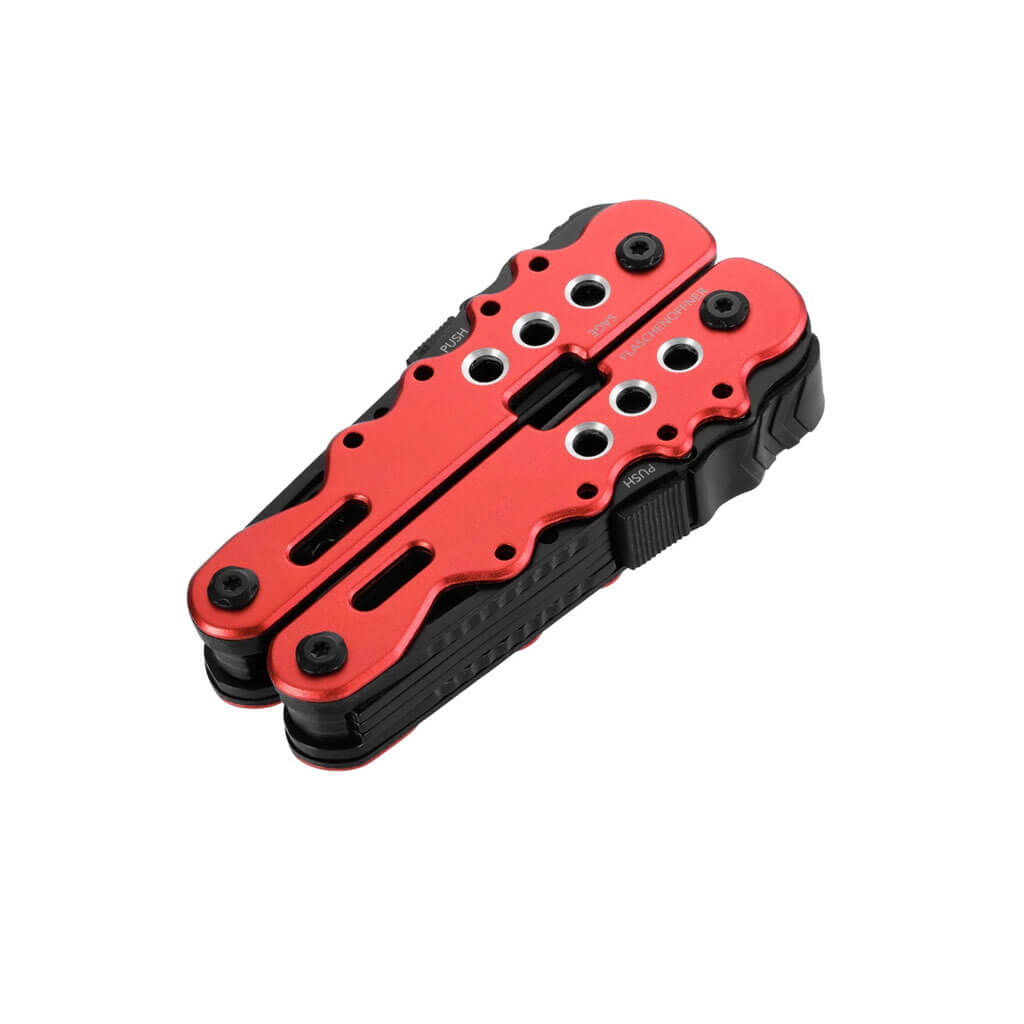 TROIKA ARBEITSGERÄT multitool with 13 functions, including pliers, knife, saw and screwdrivers. Stainless steel and aluminium with nylon belt pouch.