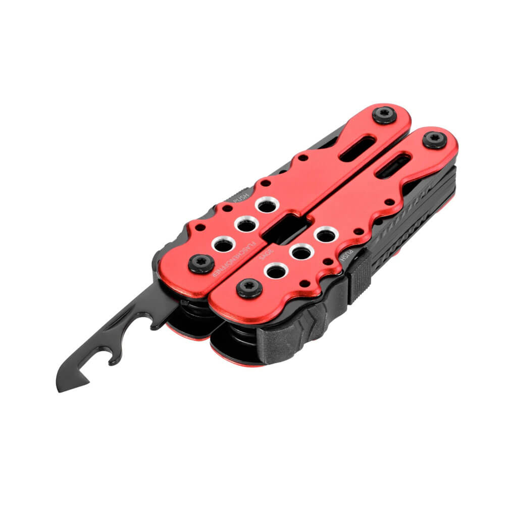 TROIKA ARBEITSGERÄT multitool with 13 functions, including pliers, knife, saw and screwdrivers. Stainless steel and aluminium with nylon belt pouch.
