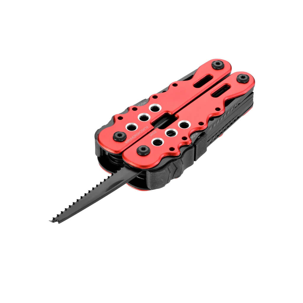 TROIKA ARBEITSGERÄT multitool with 13 functions, including pliers, knife, saw and screwdrivers. Stainless steel and aluminium with nylon belt pouch.