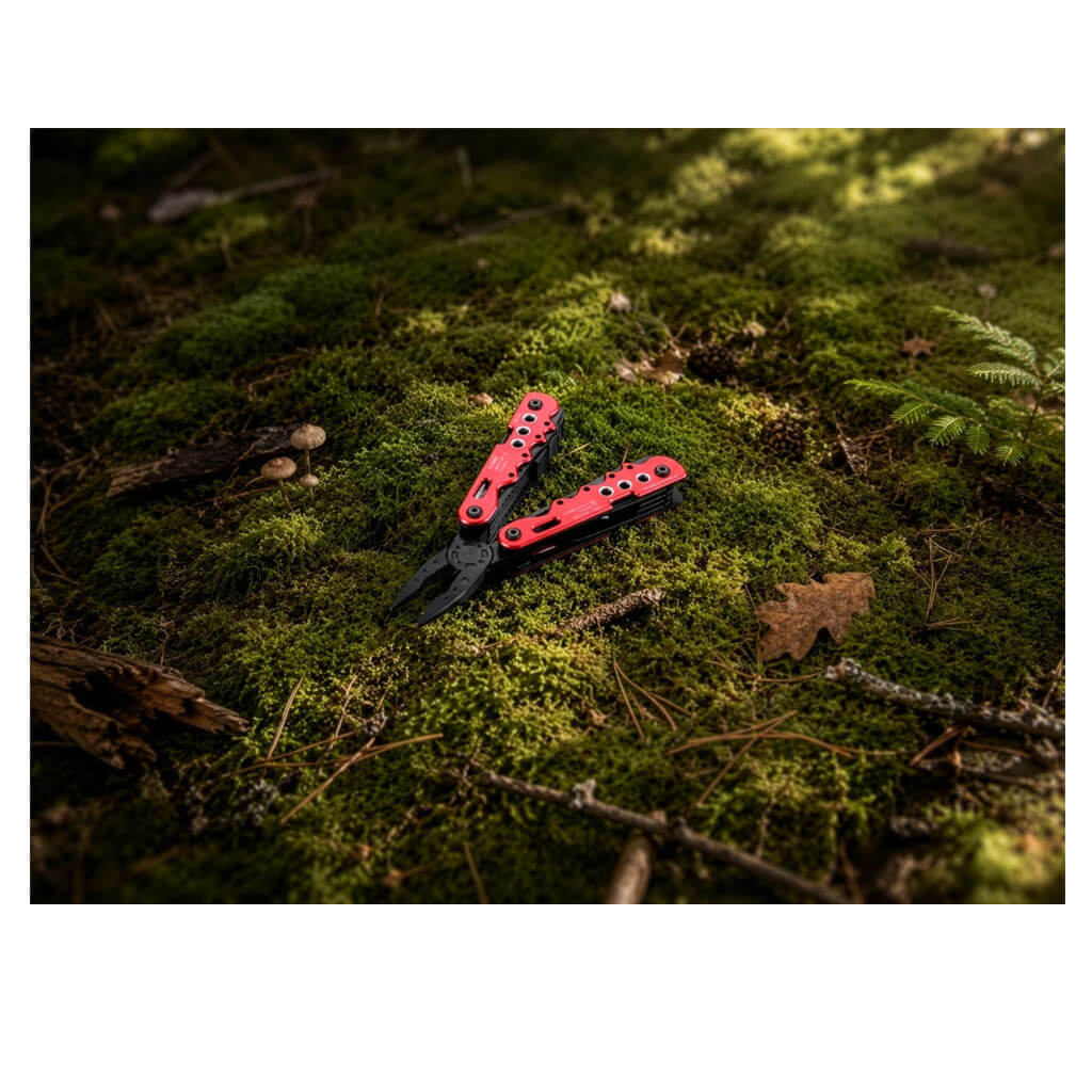 TROIKA ARBEITSGERÄT multitool with 13 functions, including pliers, knife, saw and screwdrivers. Stainless steel and aluminium with nylon belt pouch.