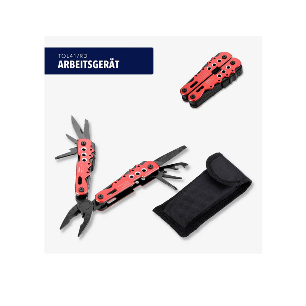 TROIKA ARBEITSGERÄT multitool with 13 functions, including pliers, knife, saw and screwdrivers. Stainless steel and aluminium with nylon belt pouch.