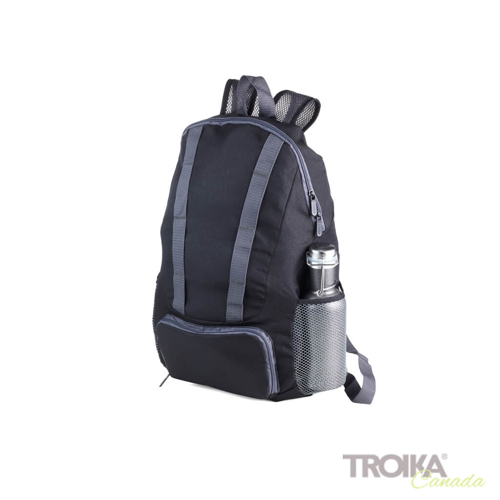 TROIKA Backpack "BAGPACK" - BLACK unfolded with wather bottle