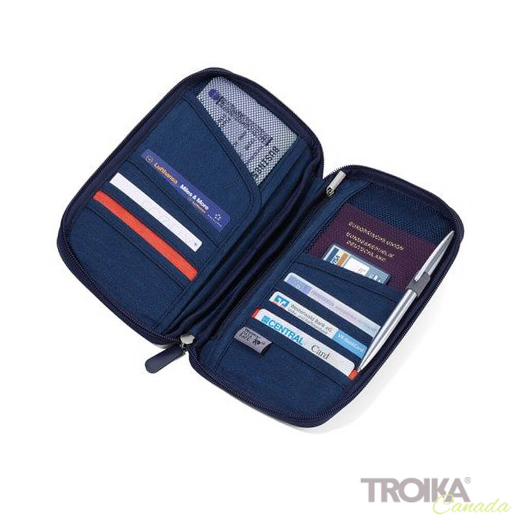Blue Travel Document Holder open, filled with credit cards and passport