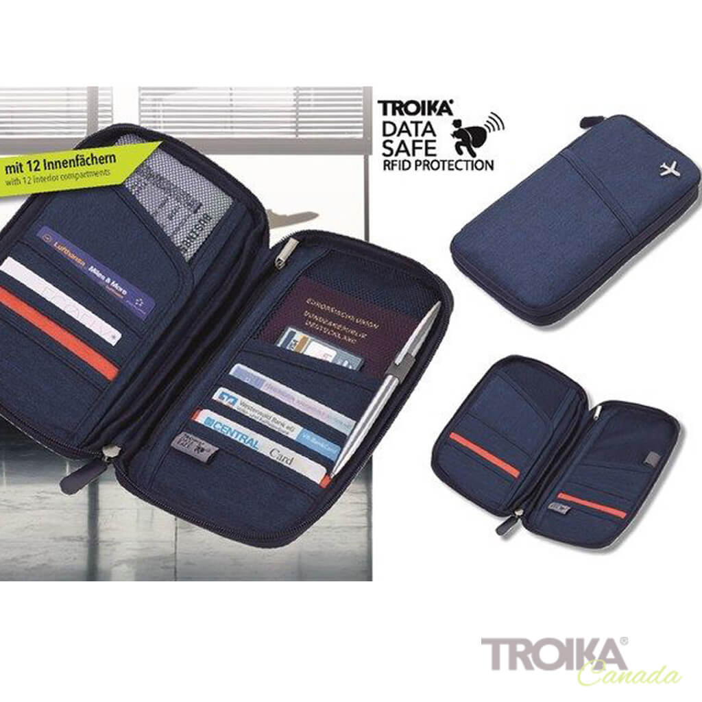 Blue Travel Document Holder closed, open empty and open filled with cards
