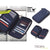 Blue Travel Document Holder closed, open empty and open filled with cards